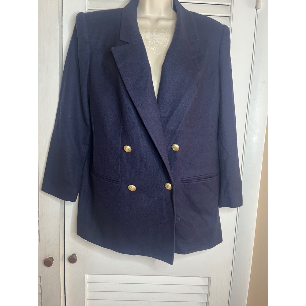 Vintage 80s SAG HARBOR Petite Double Breasted Navy Wool Blazer Gold Buttons 12P